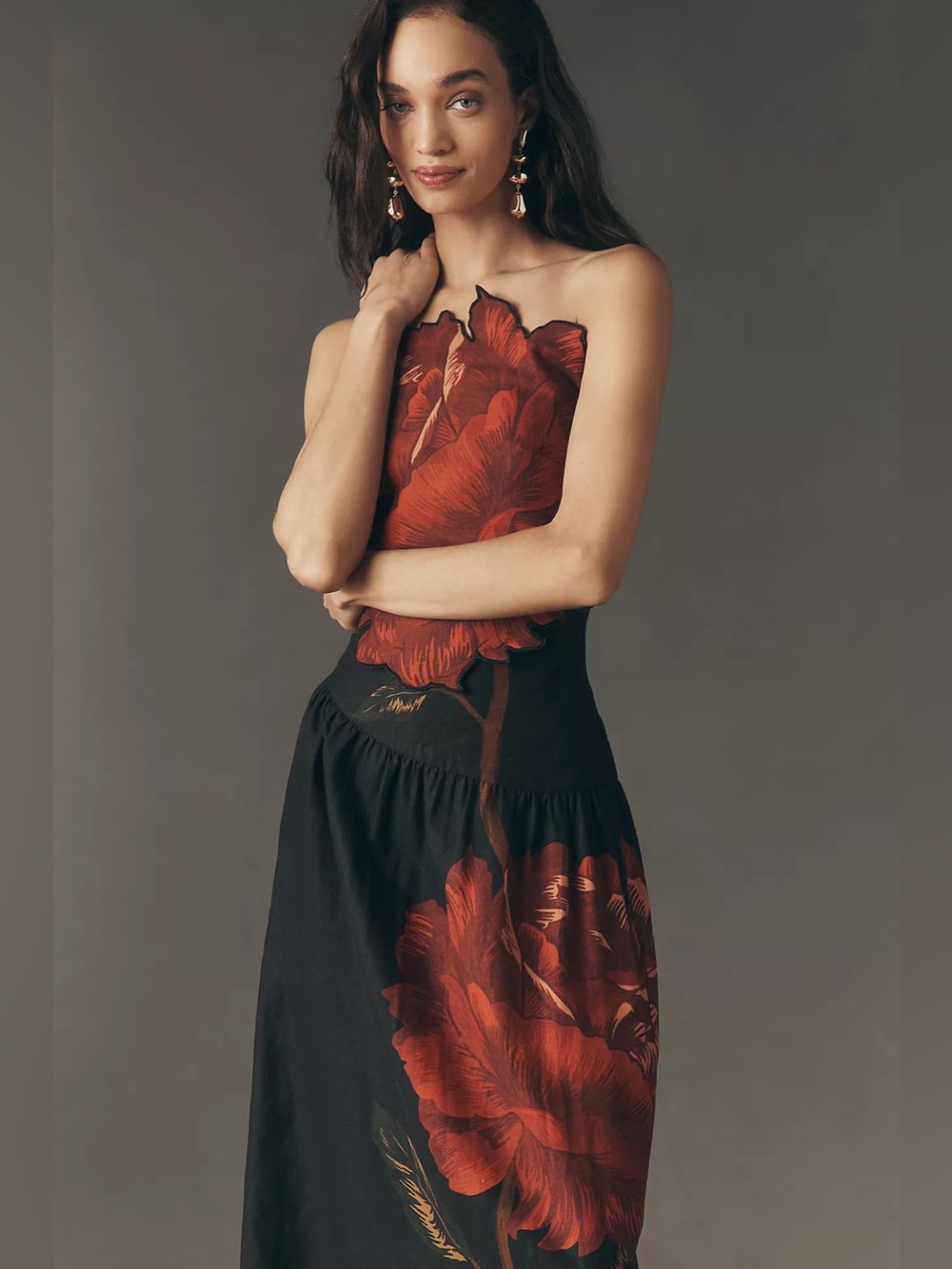 Farm Rio Rosalia Linen Blend Black Floral Strapless Midi Dress - Picture 3 of 12